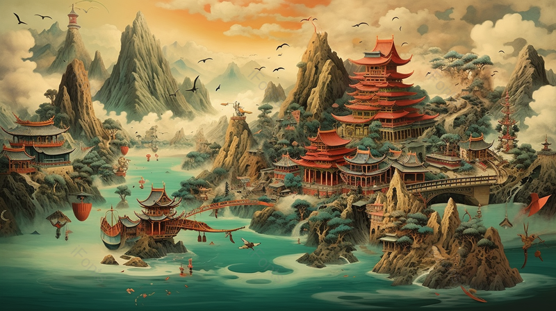 秀美河山建筑湖泊海洋中国风背景,插画/手绘图,插画/手绘图库,插画/手绘图下载,插画/手绘